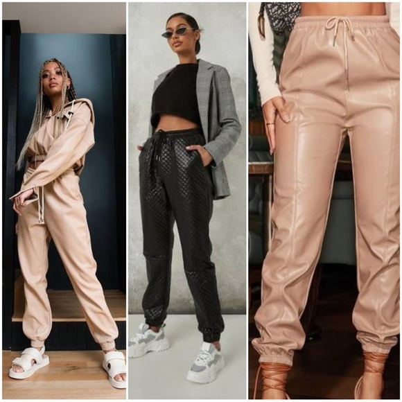 Missguided Blush Pink Tie Hem Faux Leather Joggers - Picture 6 of 6